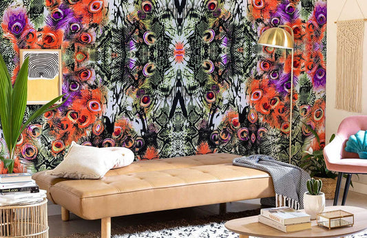 Futon canapé-lit en faux cuir tan dans le papier peint mural Queue de Paon Littéraire