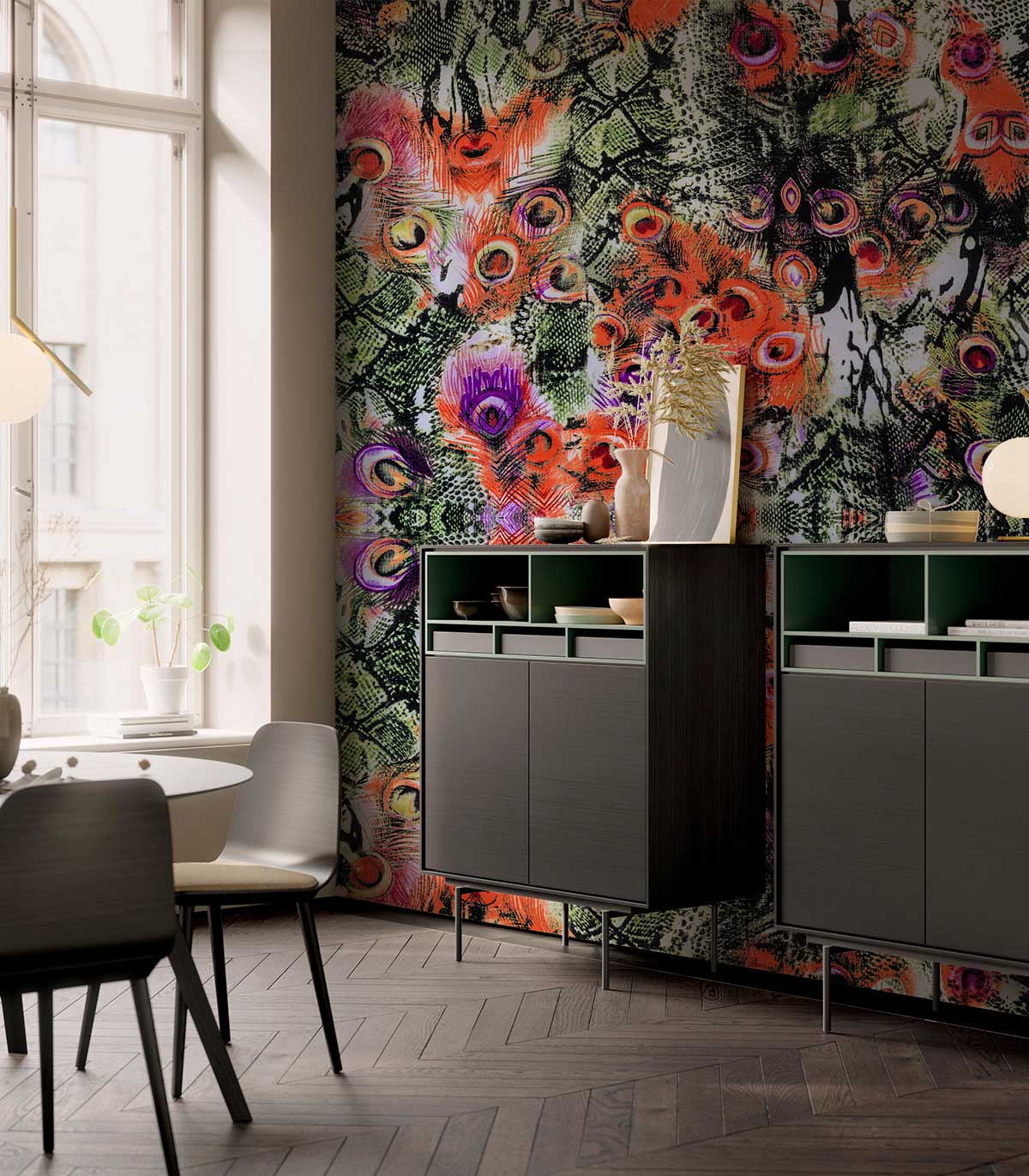 Armoires de rangement gris foncé avec étagères ouvertes et portes fermées, mural queue