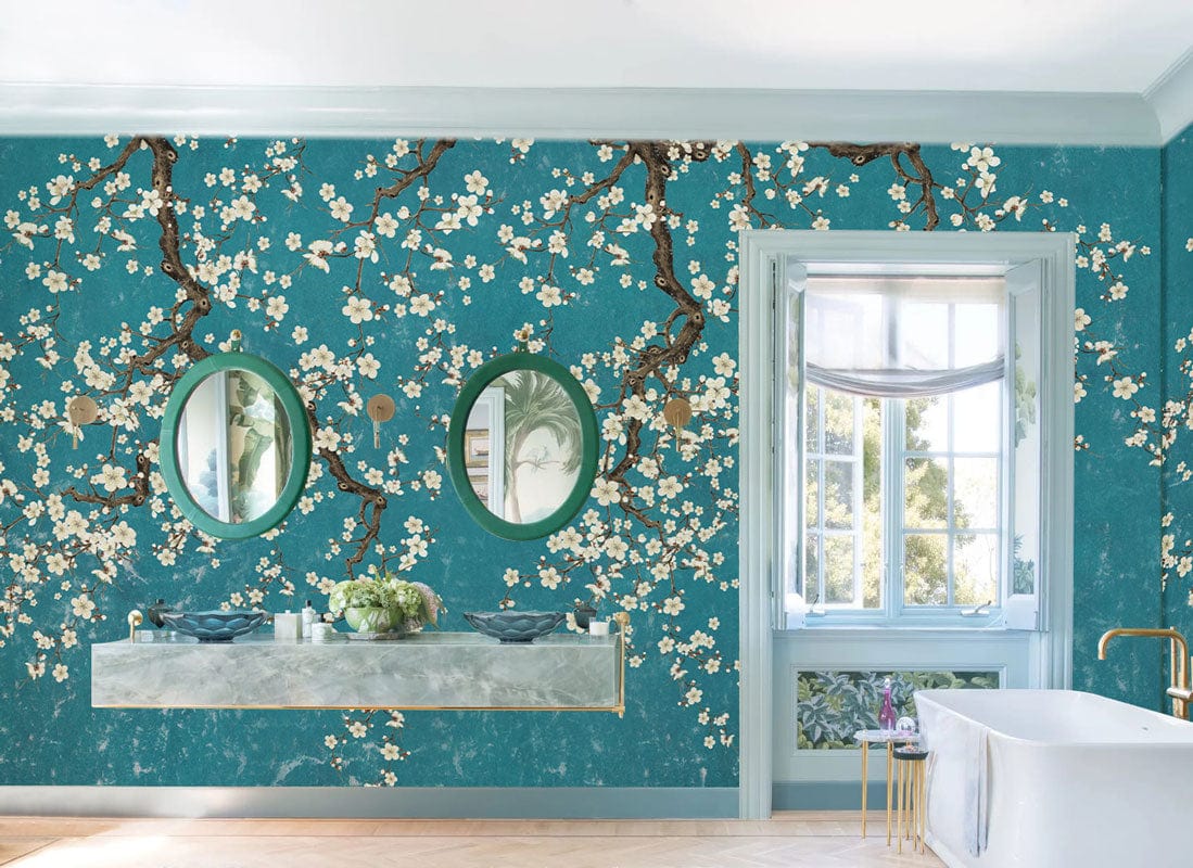 Décoration murale en papier peint mural Rameau en fleurs dans salle de bain élégante