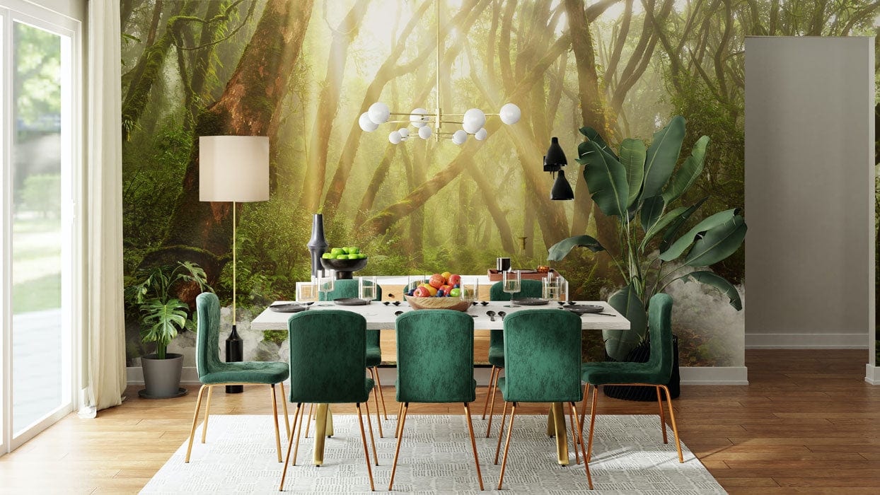Peinture murale forêt avec papier peint mural Rayon de soleil dans la forêt et chaises vertes