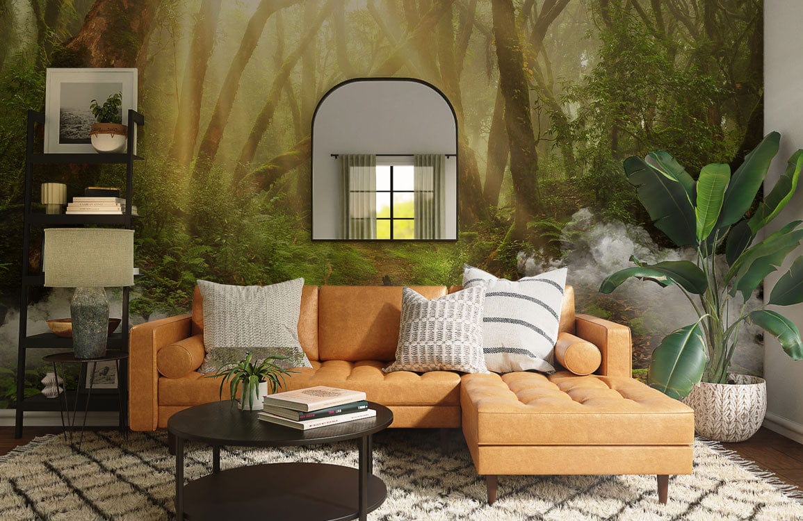 Canapé sectionnel orange avec coussins décoratifs, idéal pour peinture murale et papier peint mural rayé