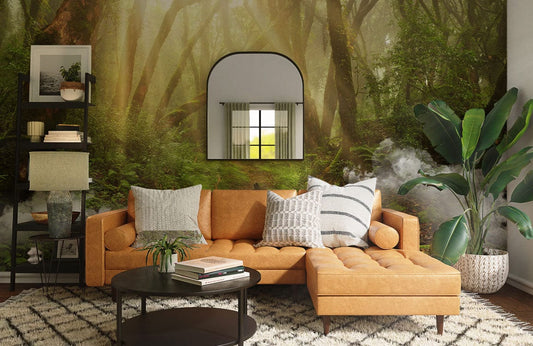 Canapé sectionnel orange avec coussins décoratifs, idéal pour peinture murale et papier peint mural rayé