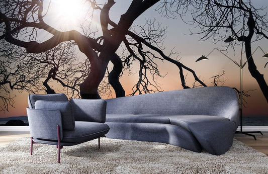 Sofa moderne gris avec fauteuil assorti sur papier peint mural Rayons de soleil