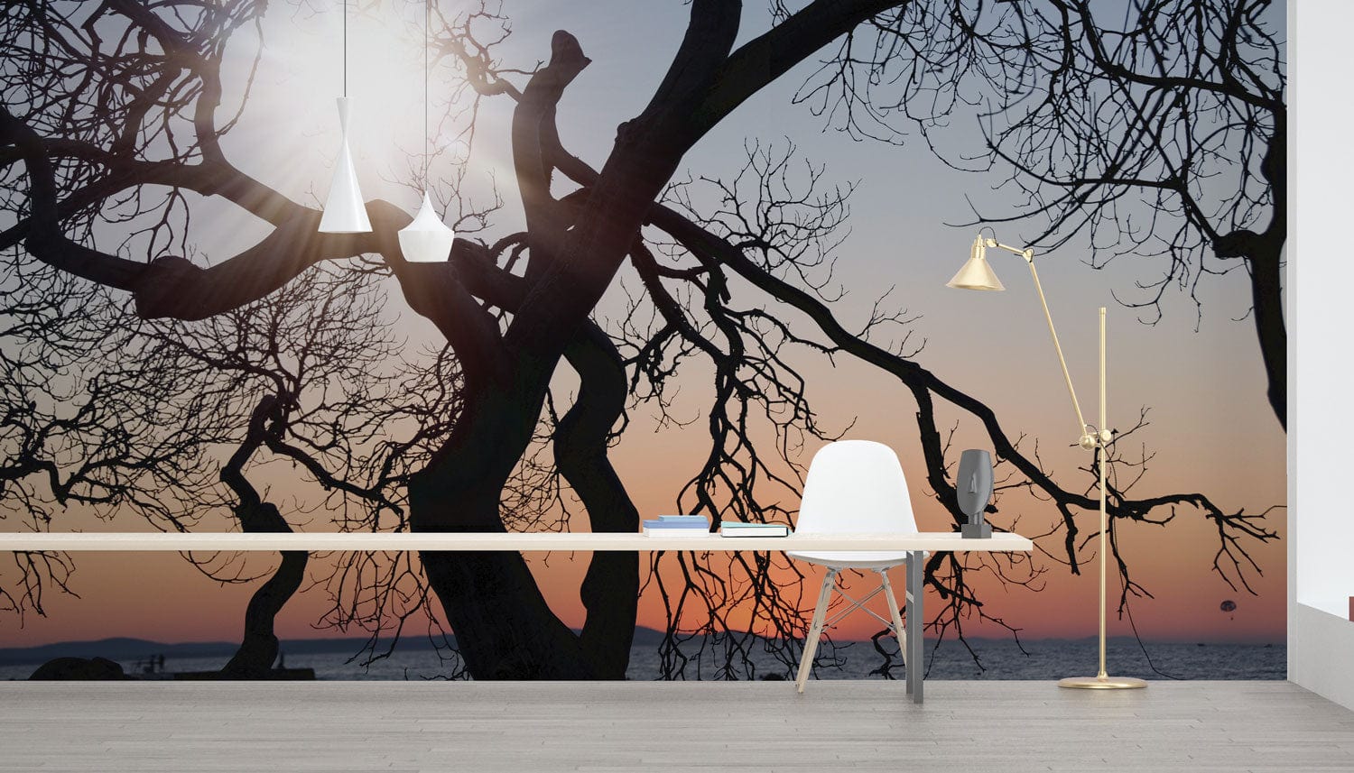 Chaise de bureau blanche moderne avec dos slender, dans le papier peint mural Rayons de soleil