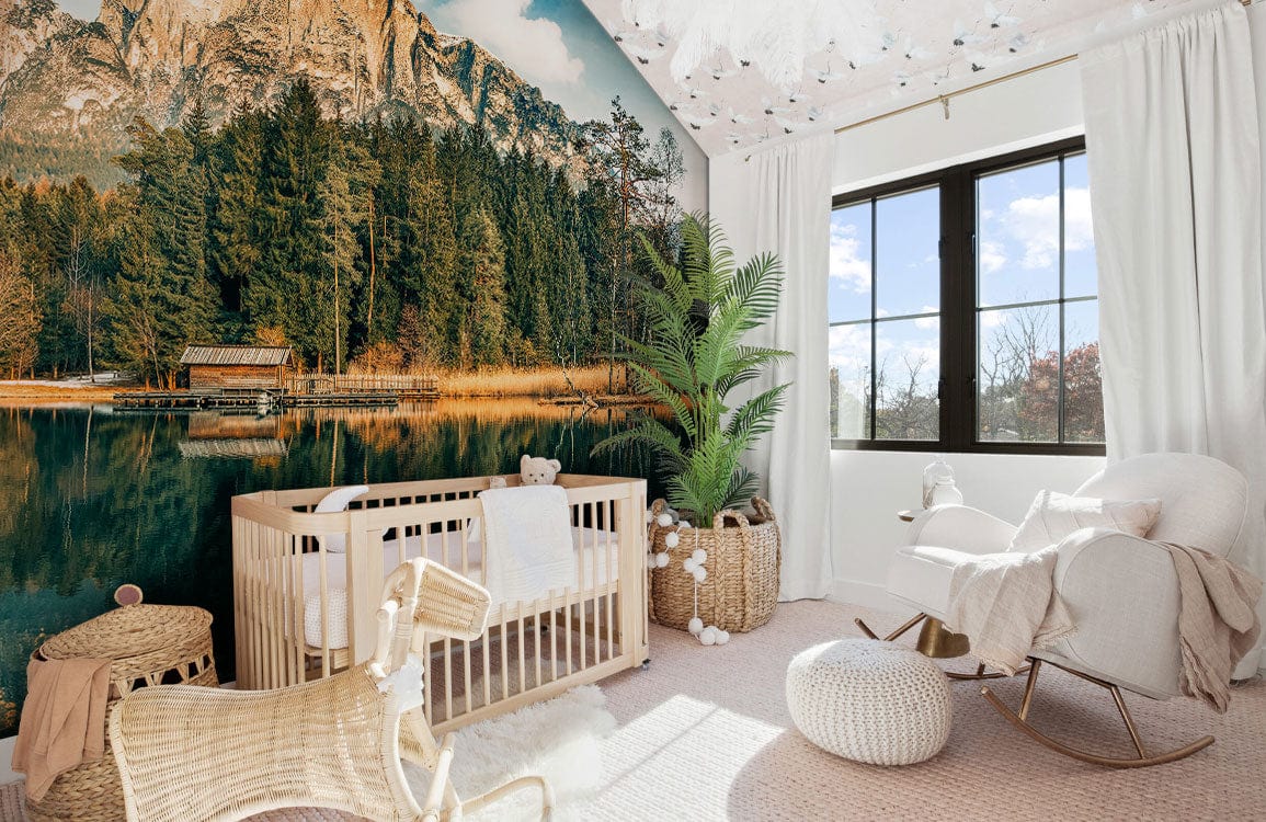 Papier peint mural réflexion de forêt de montagne dans une nurserie lumineuse et nature