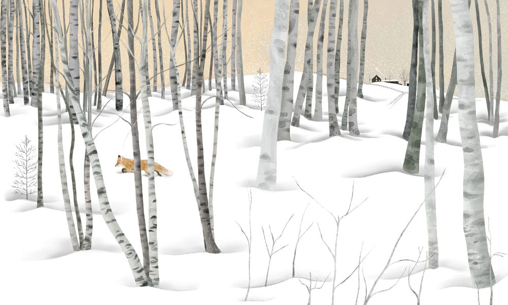 Peint mural renard avec un renard des neiges trottant dans une forêt de bouleaux enneigée
