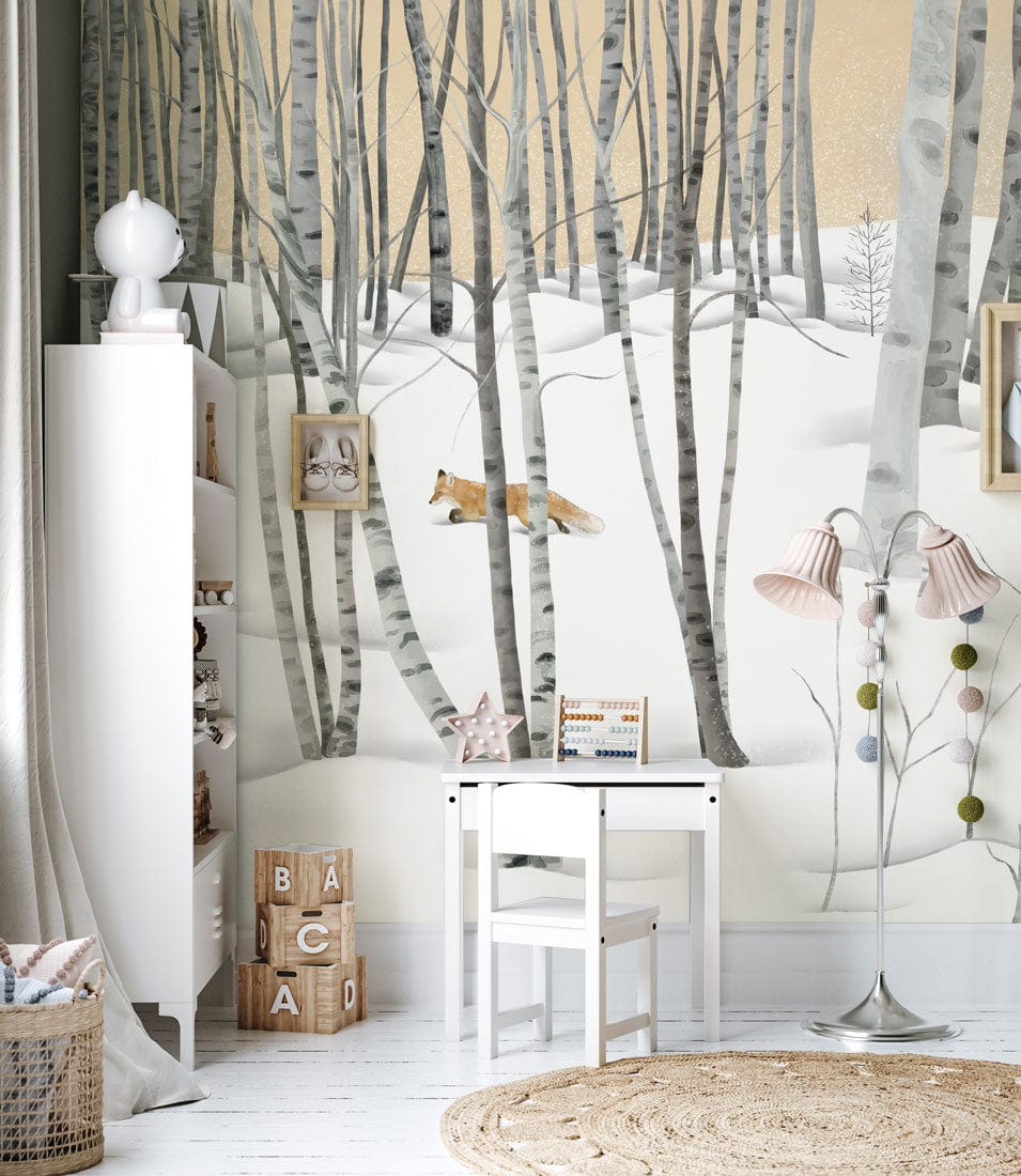 Peint mural renard avec chambre d’enfants et forêt hivernale pour une déco magique