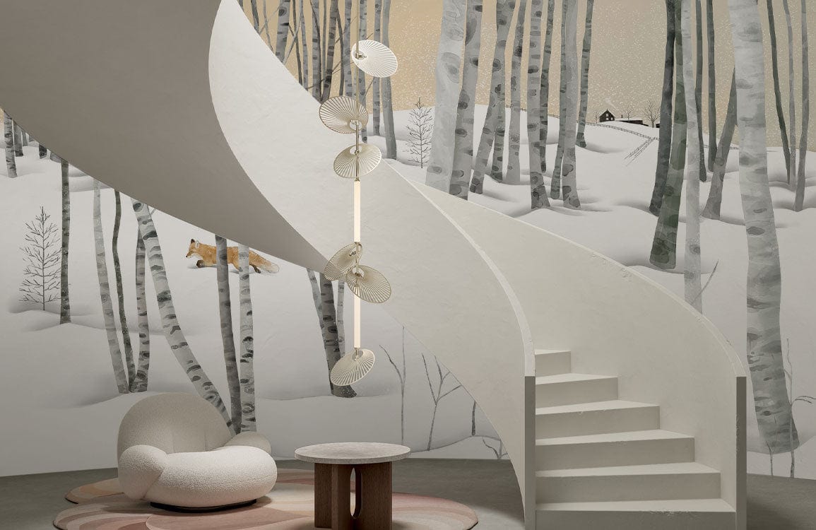 Escalier blanc moderne avec papier peint mural Renard des neiges pour décoration intérieure