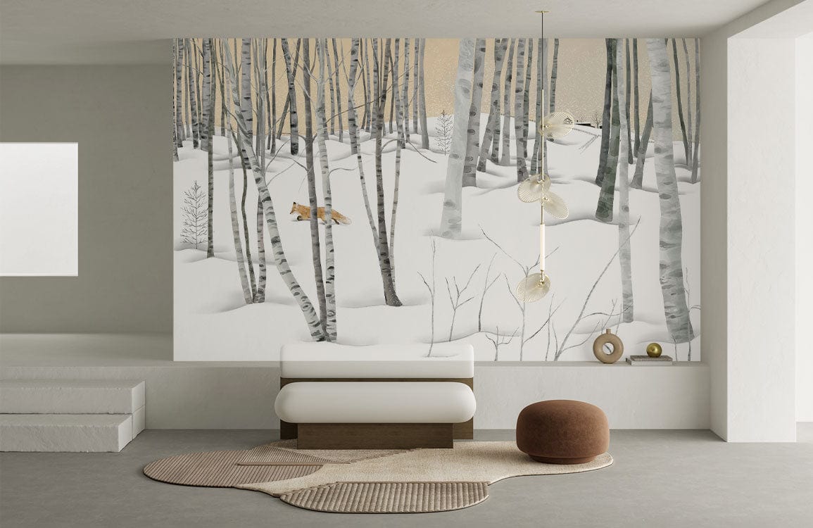 Peint mural renard neige moderne avec forêt enneigée et renard dans une pièce spacieuse