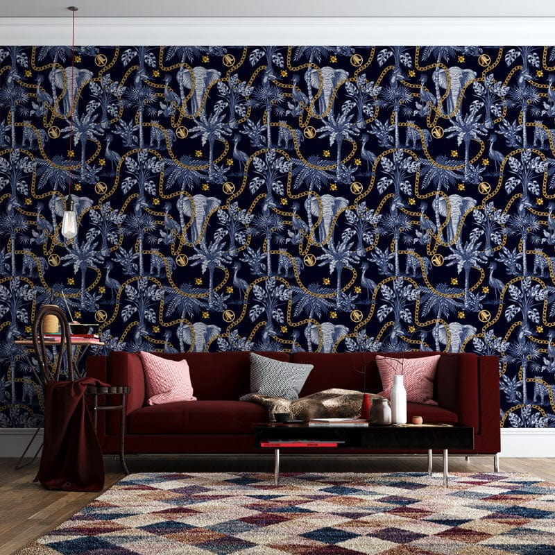 Peinture murale répétition Éléphants et chaînes avec motif tropical et fond bleu foncé