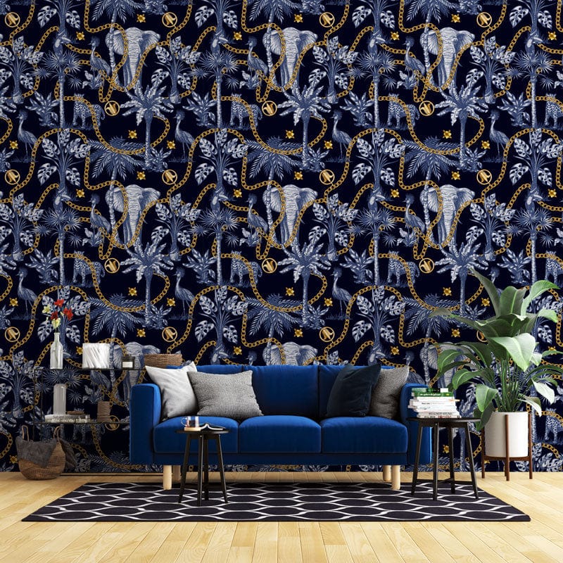 Canapé velours bleu avec pieds en bois clair, idéal pour le peint mural mural répétition Éléphants