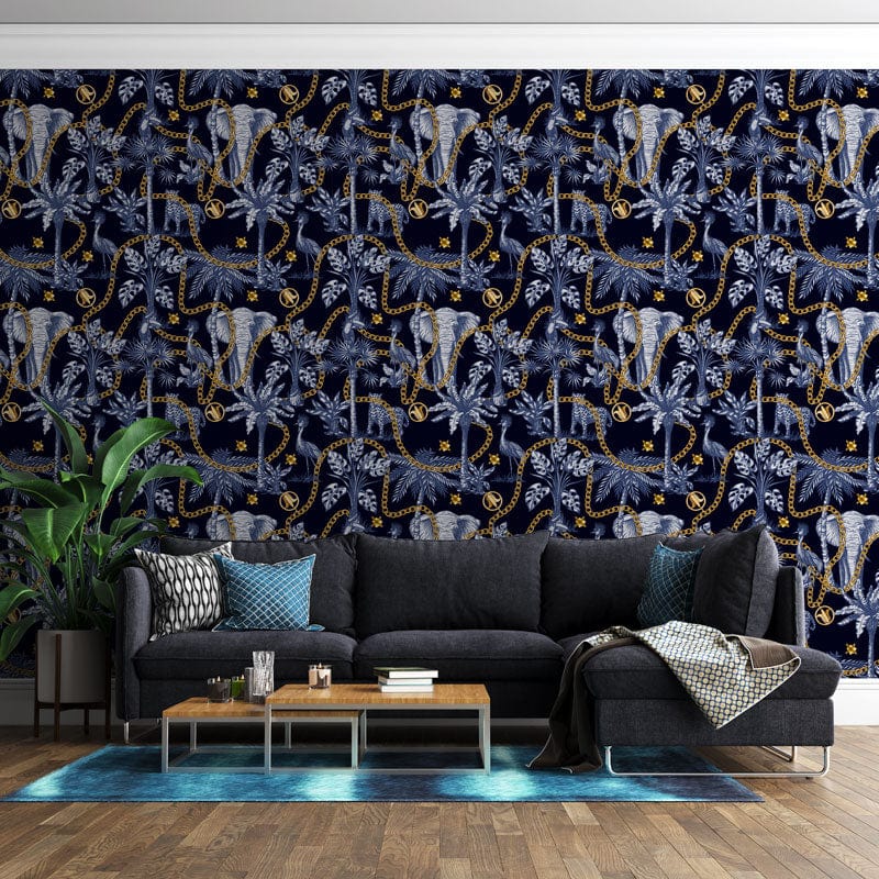 Papier peint mural avec motif répétition Éléphants et chaînes or sur fond bleu foncé