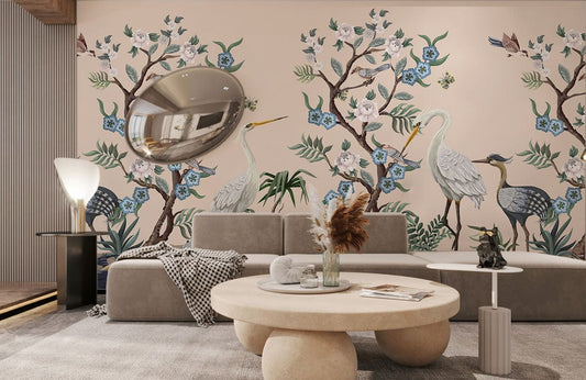 Papier peint mural Répétition Fleurs & Oiseaux II - Le meilleur Papier peint panoramique Sur mesure