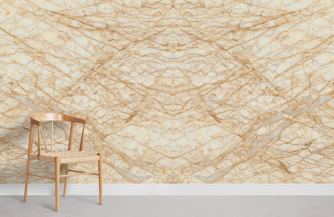 Chambre avec papier peint mural représentant des pierres fissurées et chaise en bois clair