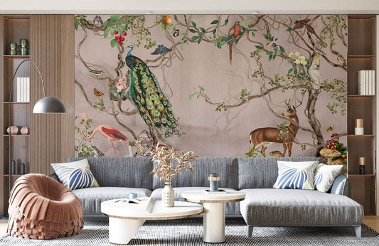 Papier peint mural représentant une famille d’animaux de la jungle dans un salon luxueux