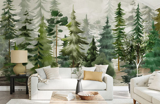 Sofa blanc avec coussins dans un décor personnalisé avec papier peint panoramique forêt de pins
