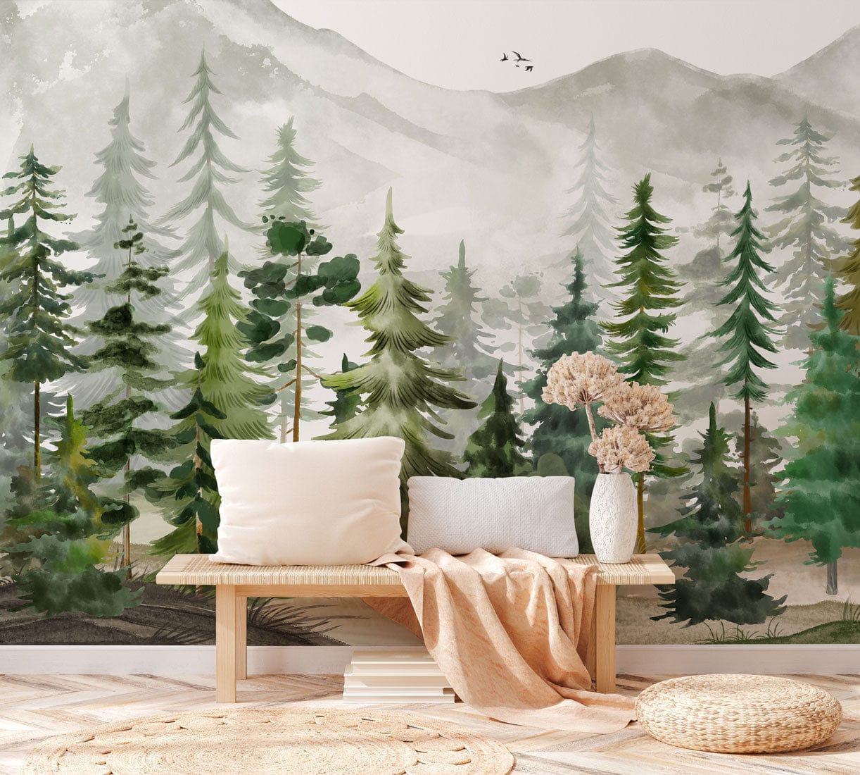 Papier peint mural représentant une forêt de pins en aquarelle. - Le meilleur Papier peint panoramique Sur mesure