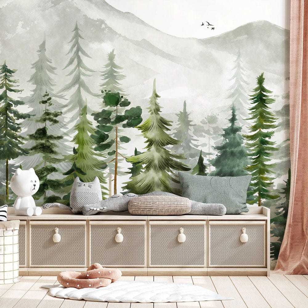 Papier peint mural représentant une forêt de pins en aquarelle. - Le meilleur Papier peint panoramique Sur mesure