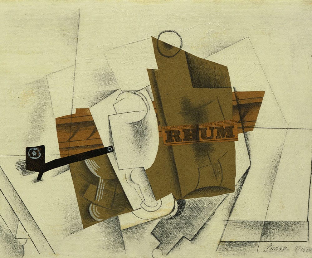 Papier peint mural cubiste représentant une pipe, un verre et une bouteille de rhum
