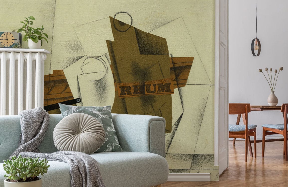 Papier peint mural représentant une pipe, un verre et une bouteille de rhum dans un salon avec canapé bleu pâle, couverture et coussins