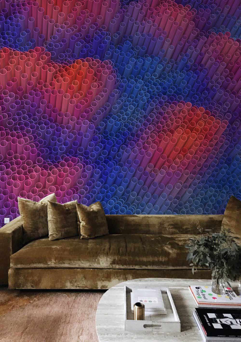 Velours brun sofa avec coussins, idéal pour un papier peint mural Réseaux de Canalisations