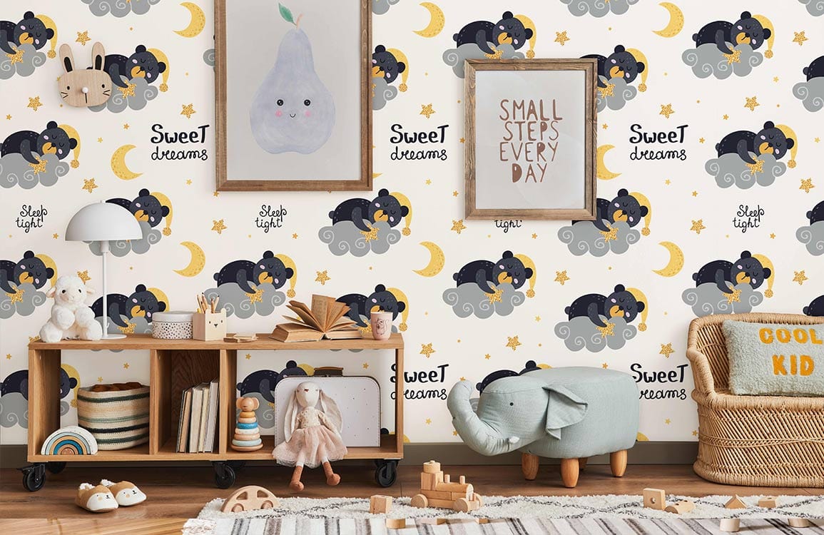 Papier peint mural rêve d’ours avec ours endormis, lune, étoiles et messages doux