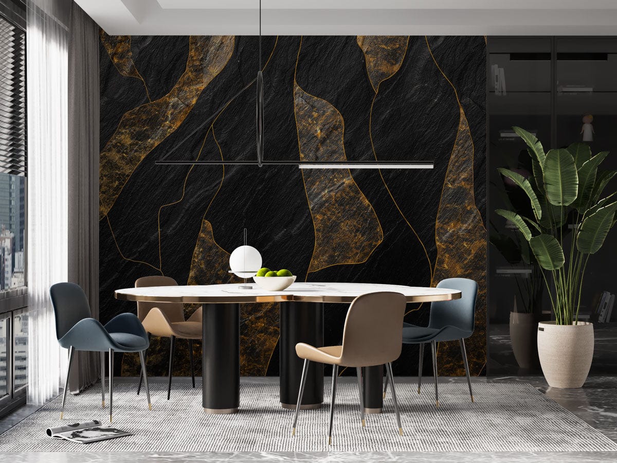 Table à manger ovale moderne avec peint mural rocheux noir et doré, œuvre d’art élégante