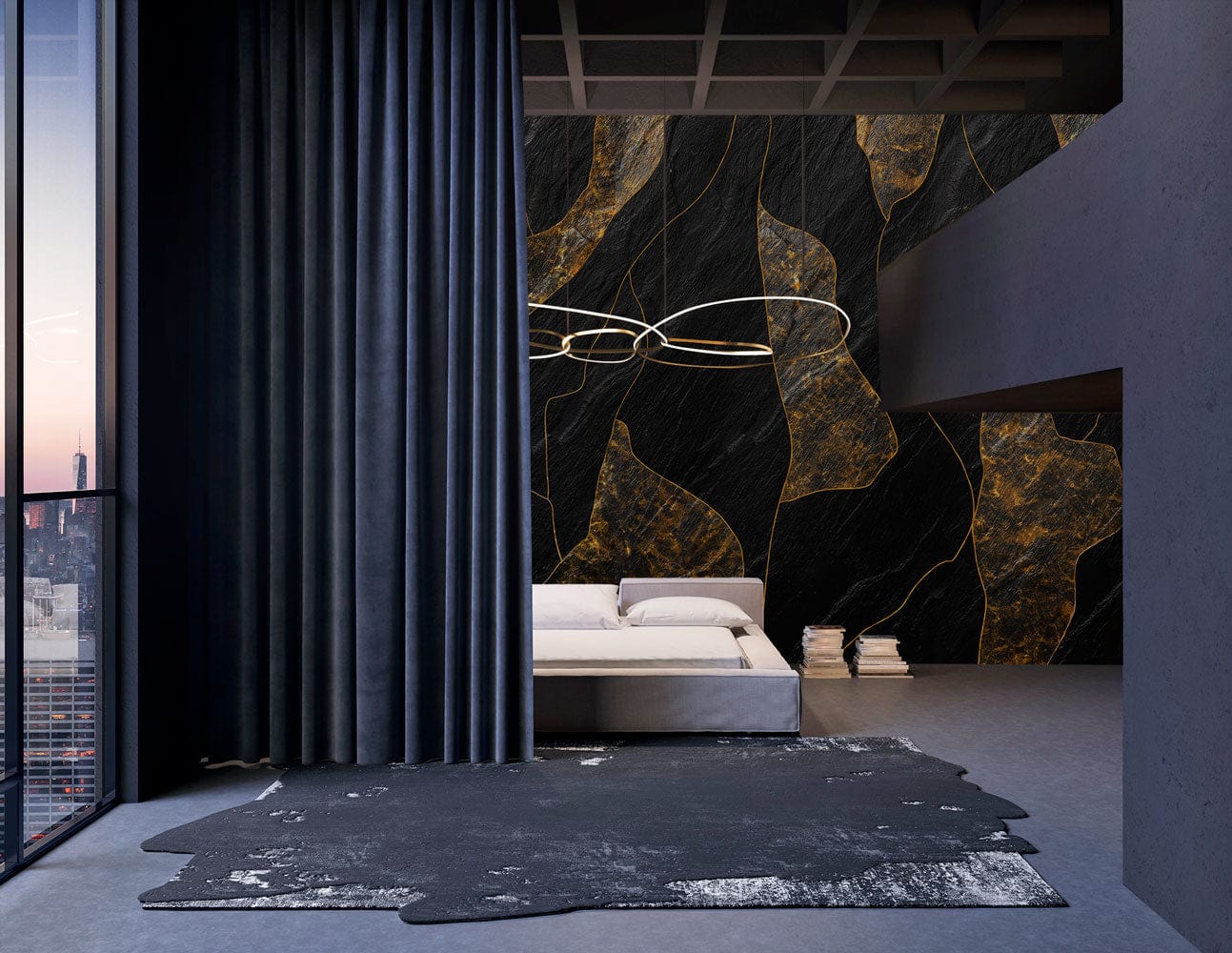 Peint mural Rocheux Noir et Doré, œuvre d’art pour une chambre luxueuse avec mur en marbre