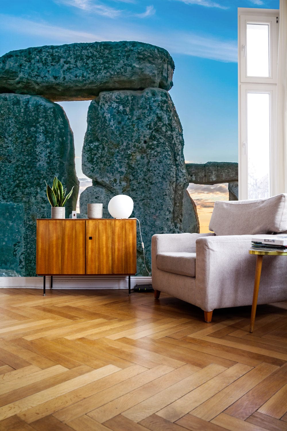 Cabinet en bois à deux portes avec jambes noires, mural rock, papier peint mural Rock sur Prairie