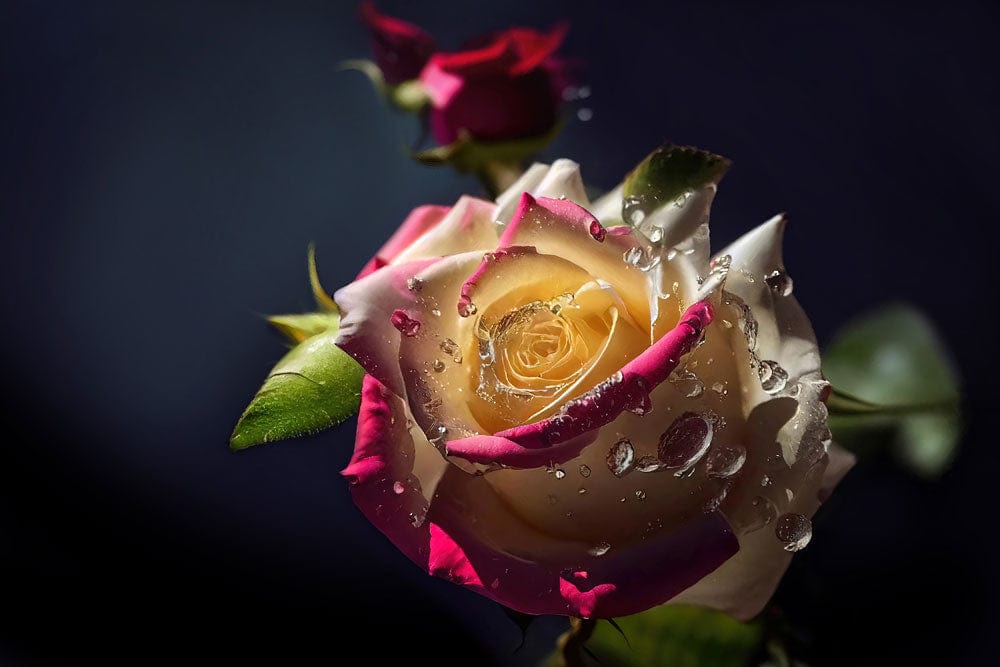Photo d’un mural rose arc-en-ciel avec une rose à la rosée bicolore et pétales crème et rose