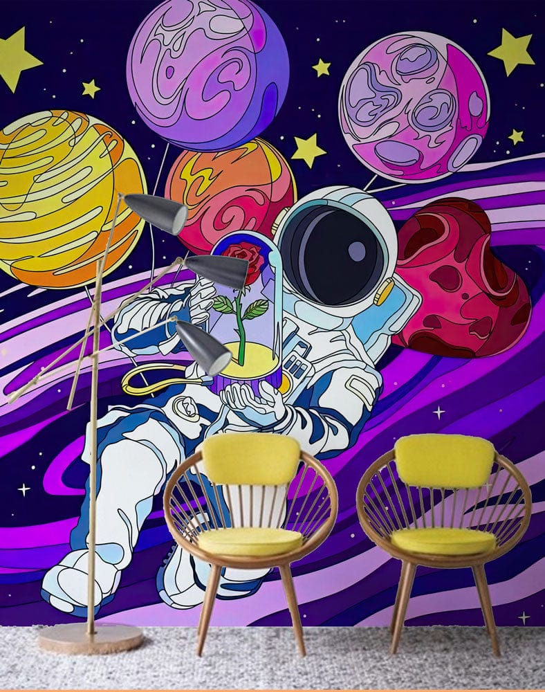 Peinture murale rose astronaut tenant une rose dans un dôme en verre pour Papier Peint Mural Rose de l’Espace