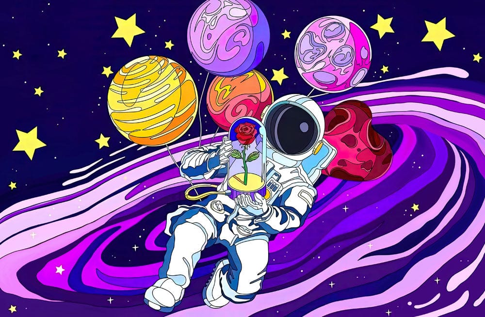 Photo d’un astronaute en combinaison blanche tenant une coupelle avec une rose rouge, idéal pour peinture murale rose