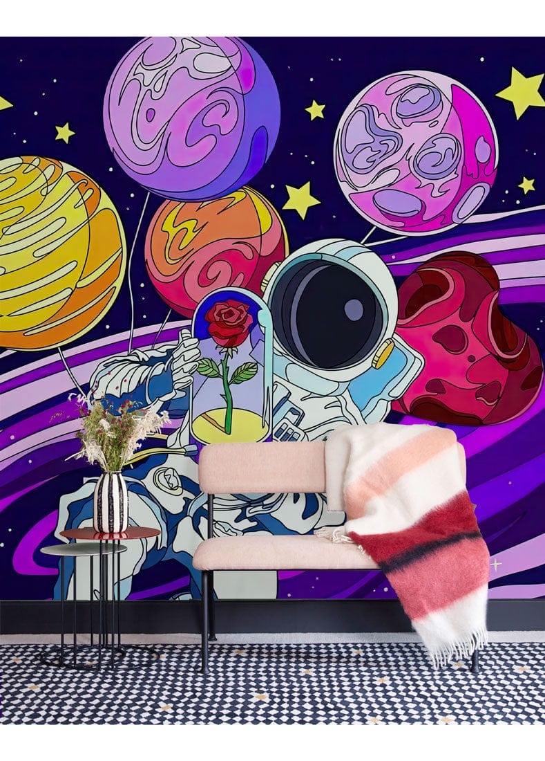 Peinture murale rose espace avec astronaute, planètes colorées et étoiles, papier peint mural