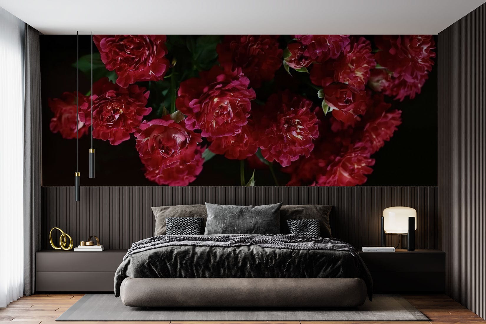 Papier peint mural moderne avec mural rose sombre de roses rouges pour chambre élégante
