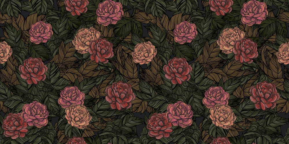 Motif répétitif de roses roses et pêche avec feuilles vert foncé pour peinture murale rose