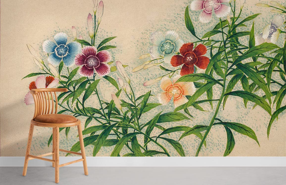 Chaise en bois avec siège en cuir marron sur le papier peint mural rose