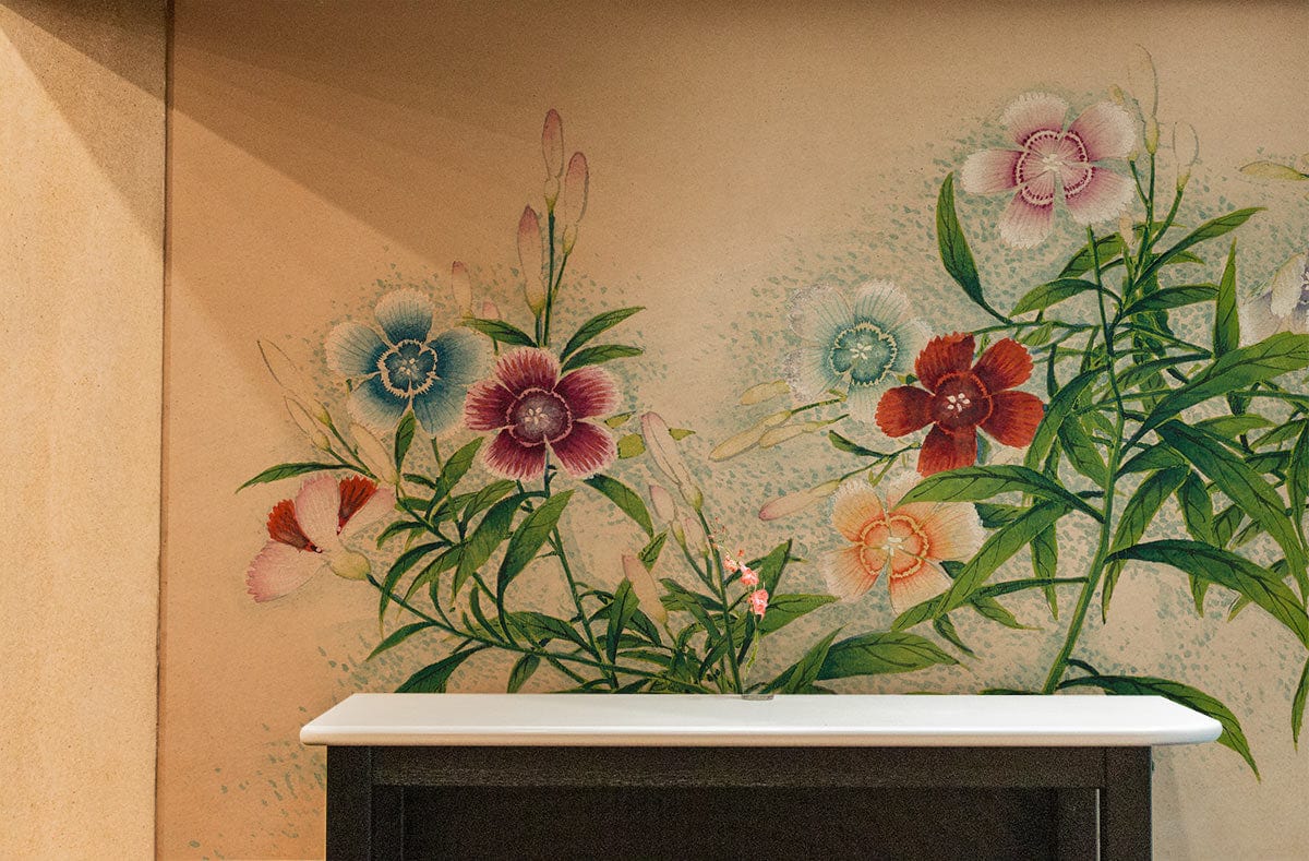 Murale florale vibrante sur un papier peint mural rose pour une décoration élégante