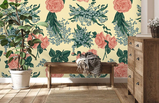 Papier peint mural roses et campanules avec motif floral rose, vert et bleu clair
