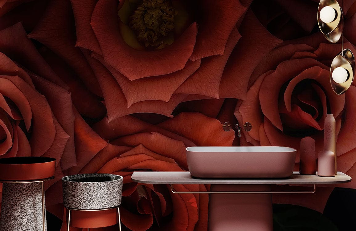Lavabo rectangulaire rose mat dans un décor avec Papier Peint Mural Rosières Nocturnes