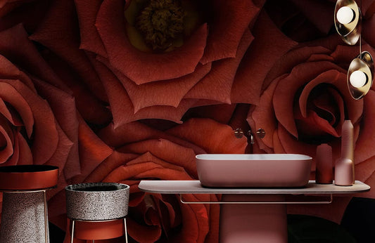 Lavabo rectangulaire rose mat dans un décor avec Papier Peint Mural Rosières Nocturnes