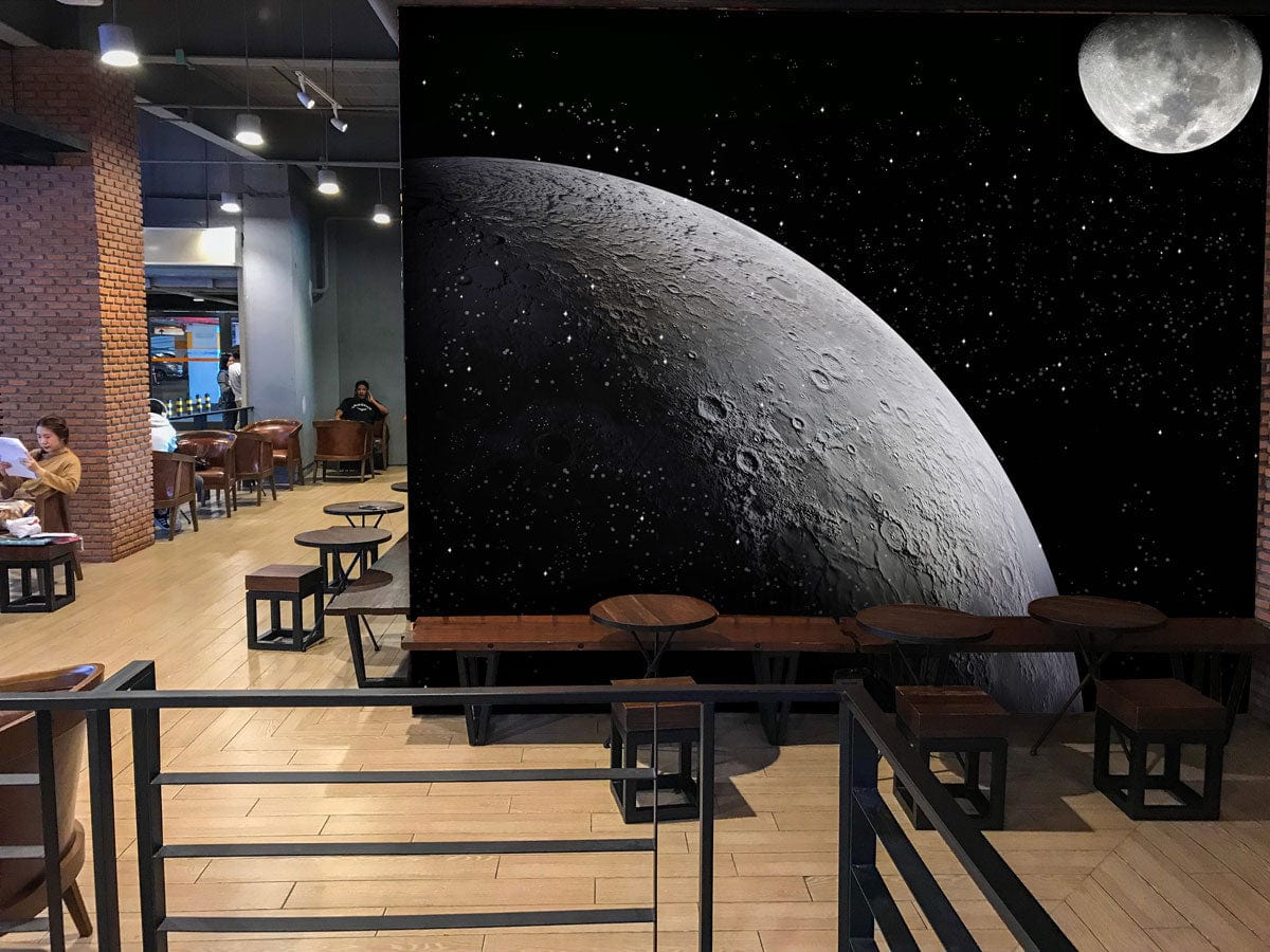 Peinture murale de la rotation de la Lune dans un café avec papier peint mural thématique espace