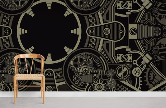 Chaise en bois avec siège tissé sur le mural Rouages en Mouvement Peint Mural