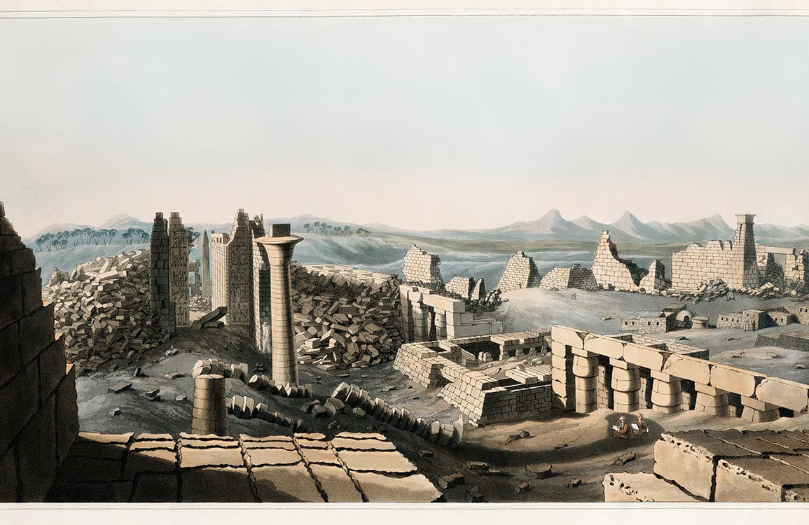 Peint mural ruine de Carnak avec vue panoramique de ruines anciennes sous ciel pâle
