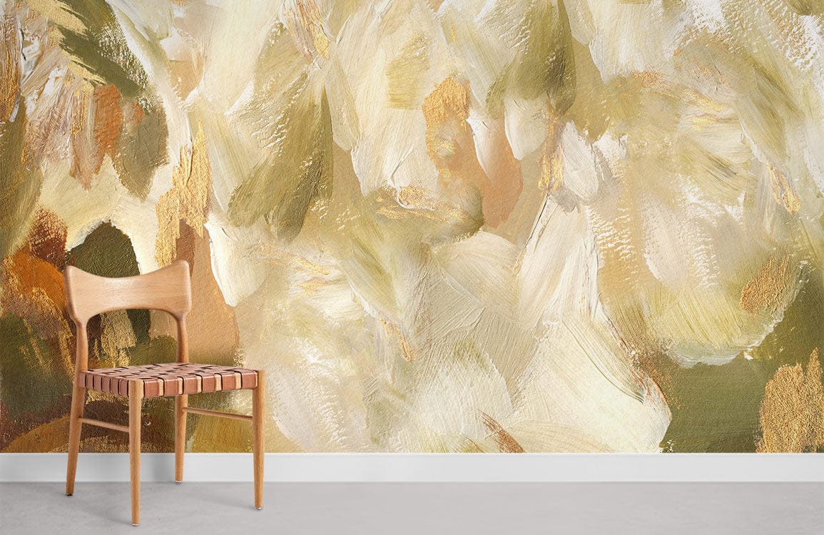 Chaise en bois clair avec siège en cuir tressé, idéale pour déco personnalisée papier peint mural