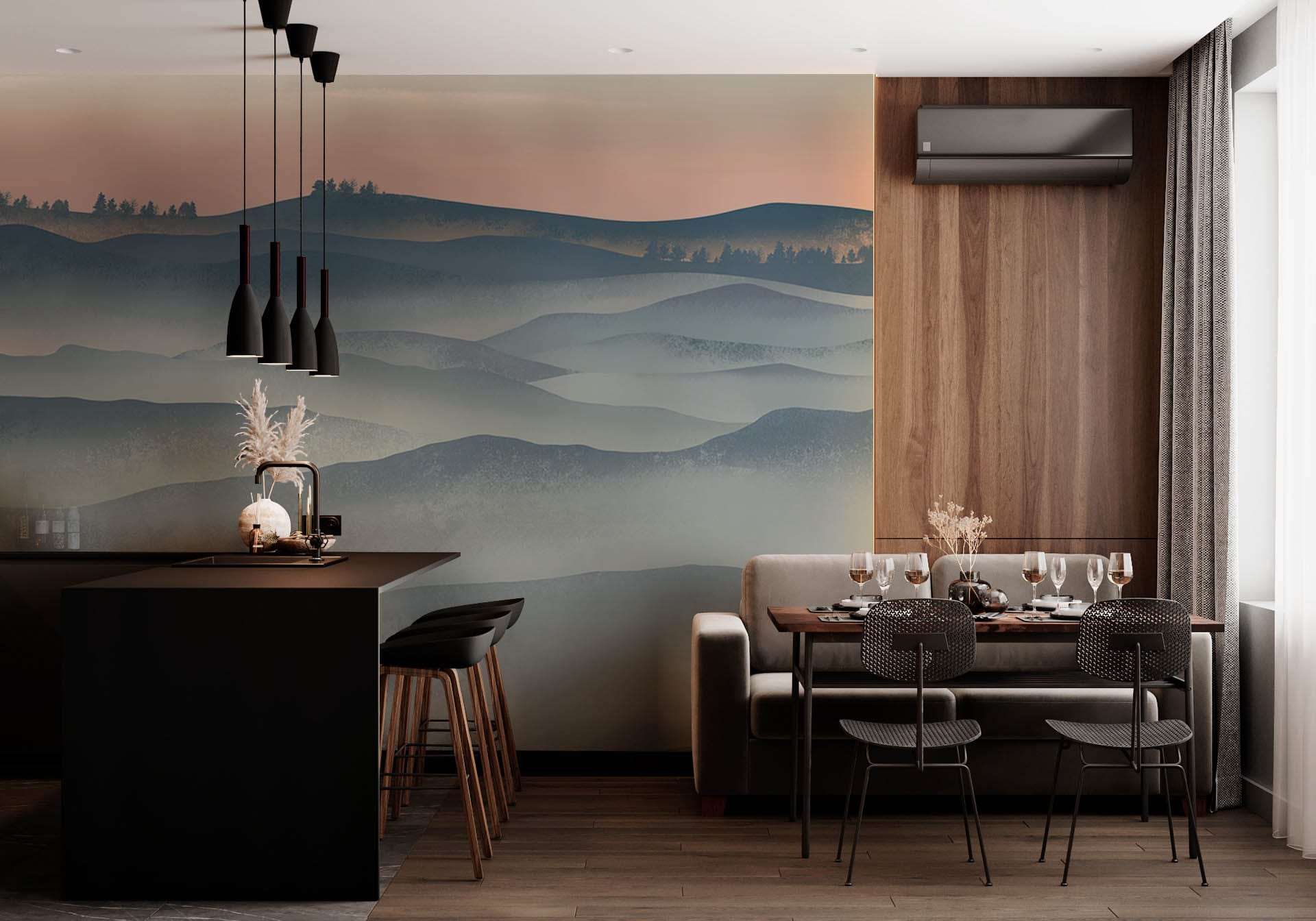 Papier peint mural scène de colline dans cuisine moderne avec mural panoramique scenic