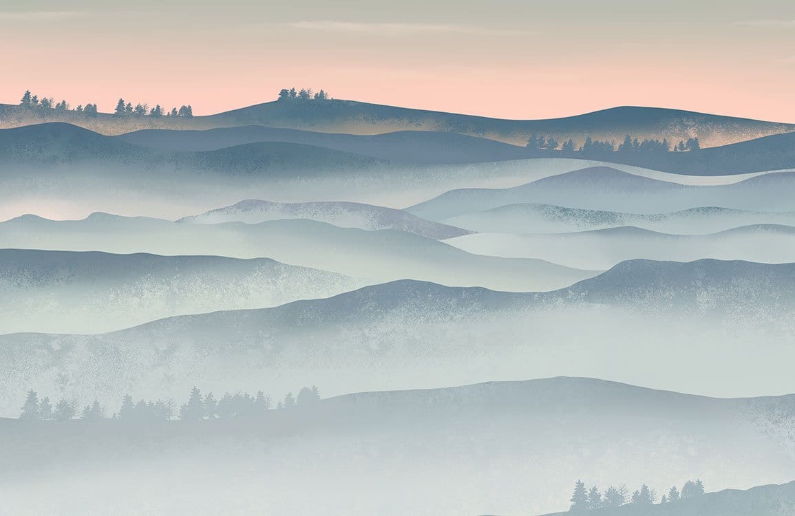 Papier peint mural scène de colline avec brume au lever du soleil, panoramique nature