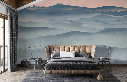 Papier peint mural scène de colline avec lit king-size et tête de lit en cuir brun clair