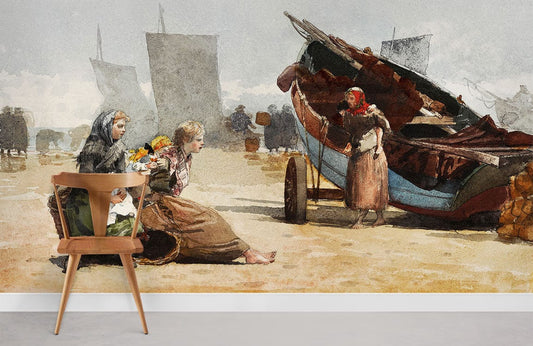 Peinture murale scène de plage avec femmes et bateaux, idéal pour papier peint mural