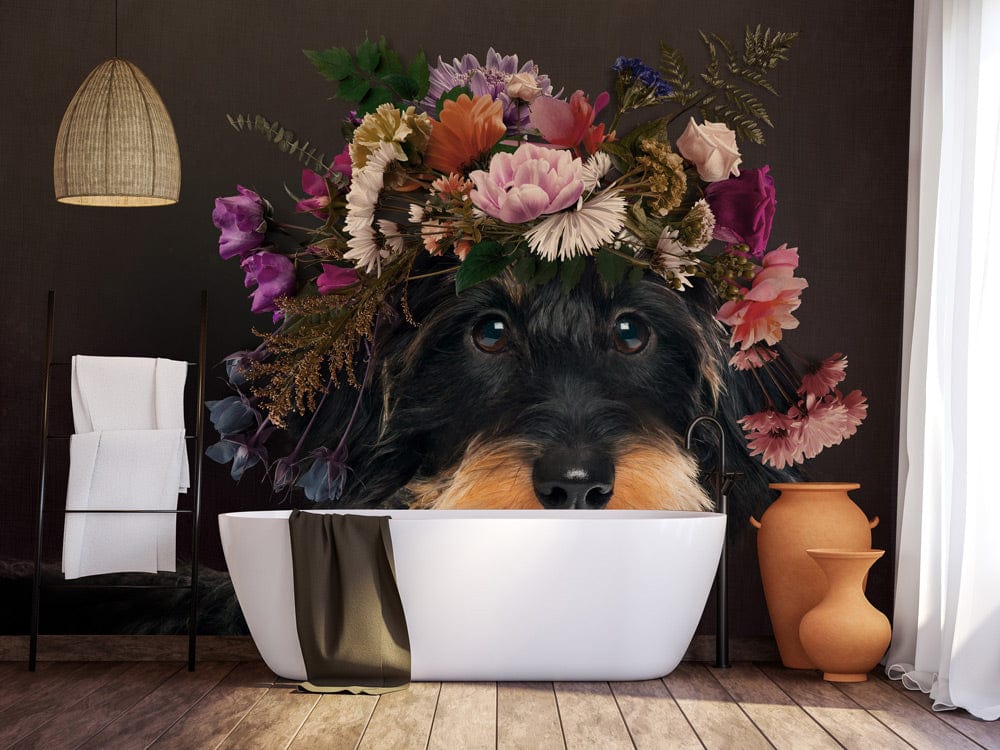 Papier peint mural Schnauzer avec des fleurs - Le meilleur Papier peint panoramique Sur mesure