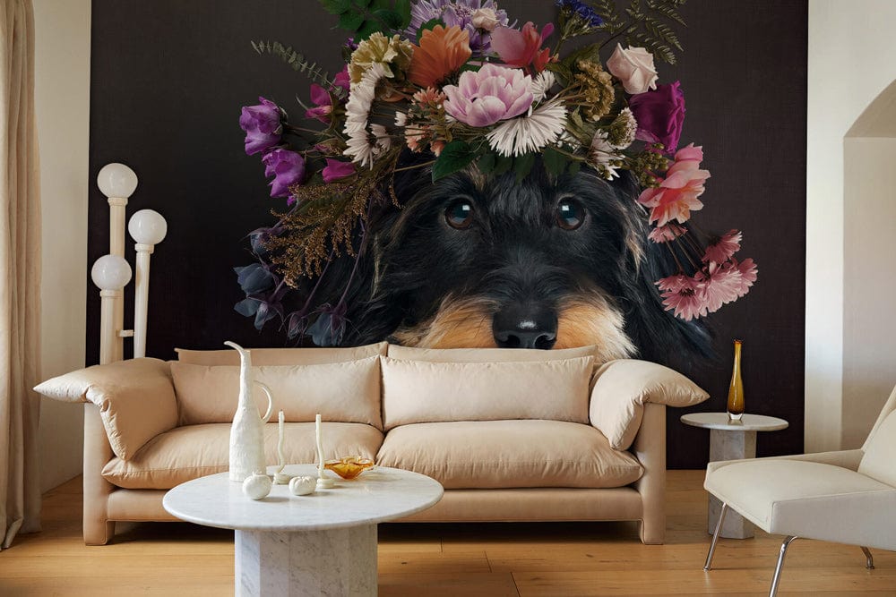 Papier peint mural Schnauzer avec des fleurs - Le meilleur Papier peint panoramique Sur mesure